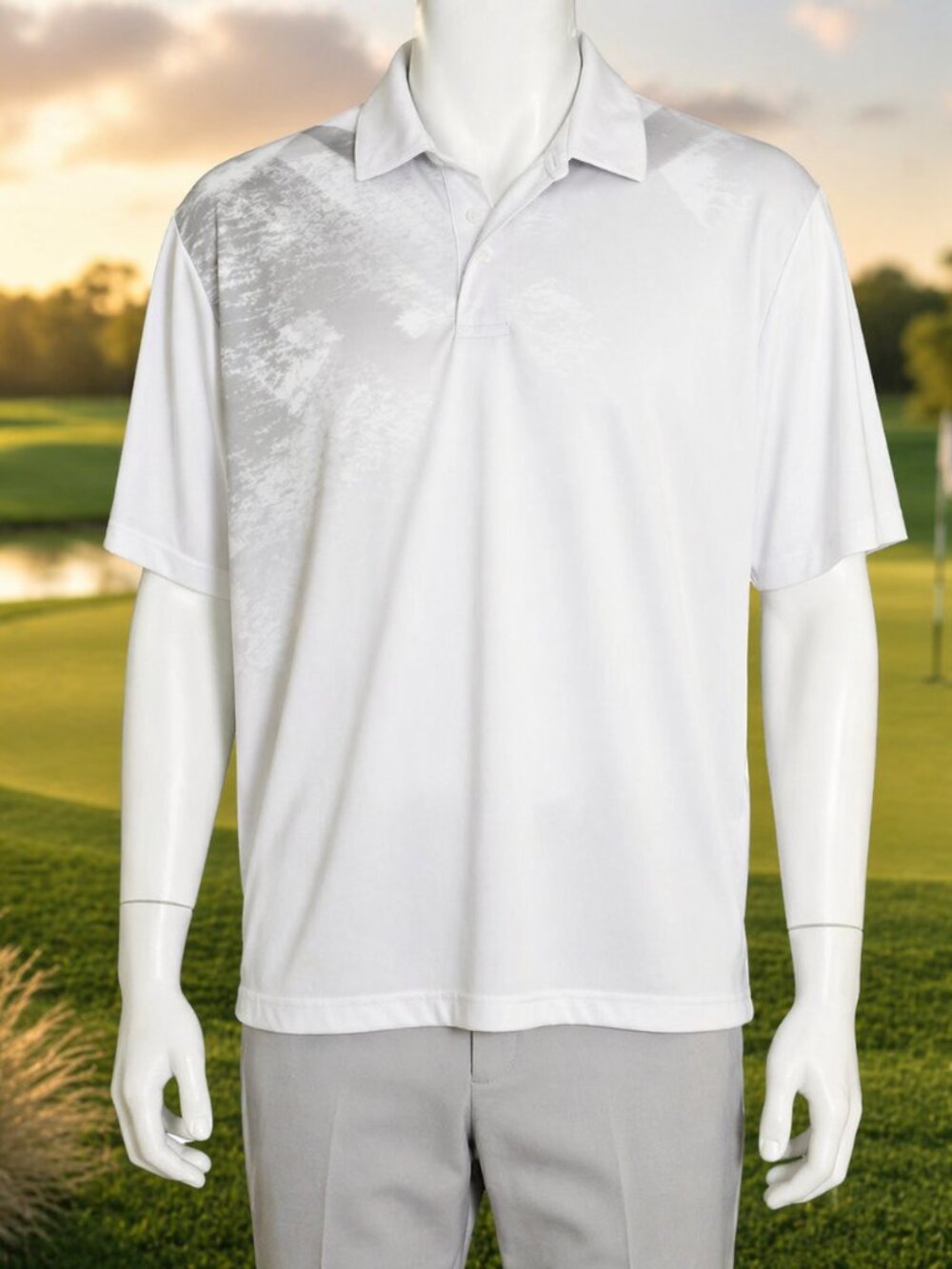 PGA TOUR Men’s Golf Polo Shirt Large White Gray Performance Short Sleeve